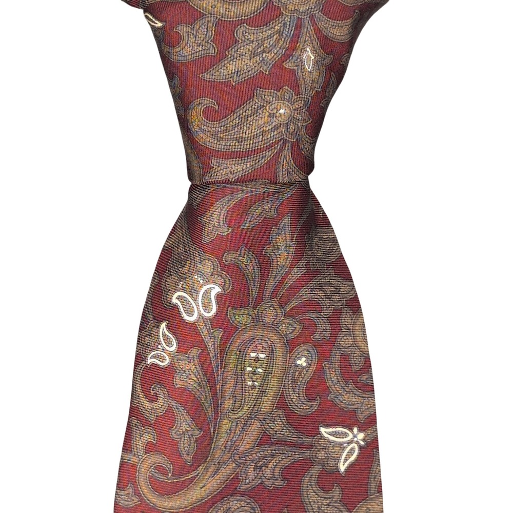 VTG Christian Dior Paisley Silk Tie Mens OS Burgundy Green Italian Fabric USA